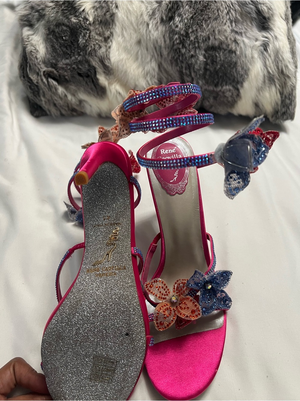 Rene Caovilla Hot Pink Satin Floral Crystal Ankle-Strap Heels